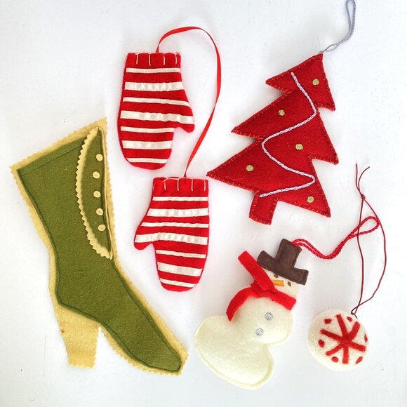 Felt Snowman Christmas Tree Mittens Boot Ball Ornaments Set Of 5 - Picture 1 of 14